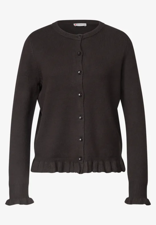 Dunkelbraune Strickjacke mit Knöpfen, Rundhals und Rüschensaum an Ärmeln und Bund