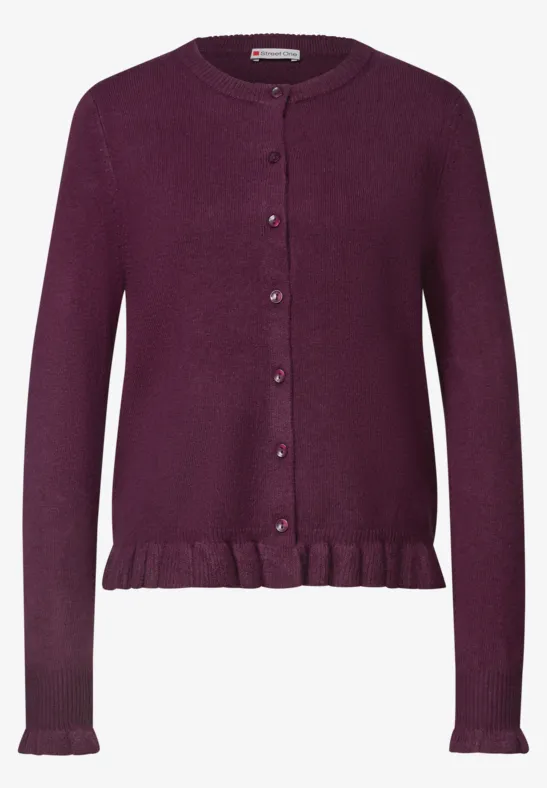 Lila Strickjacke mit langen Ärmeln, Knopfleiste und Rüschensaum