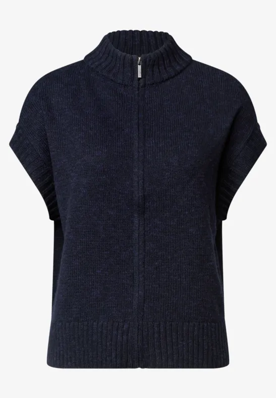 Dunkelblauer kurzärmeliger, grob gestrickter Pulli mit Stehkragen und Frontreißverschluss