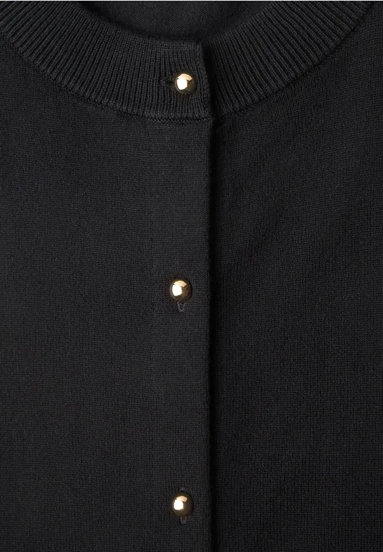 Schwarzer Cardigan mit Rippenstrickkragen und goldenen Knöpfen