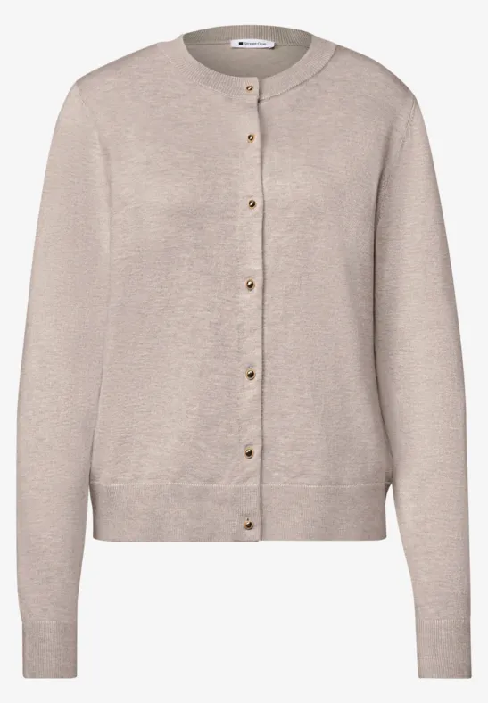 Beige, leichte Strickjacke mit Rundhalsausschnitt und Knopfleiste.
