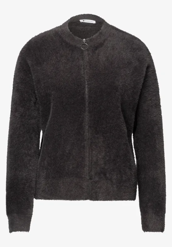 Dunkelgraue Teddy-Fleece-Jacke mit Stehkragen und Reißverschluss.