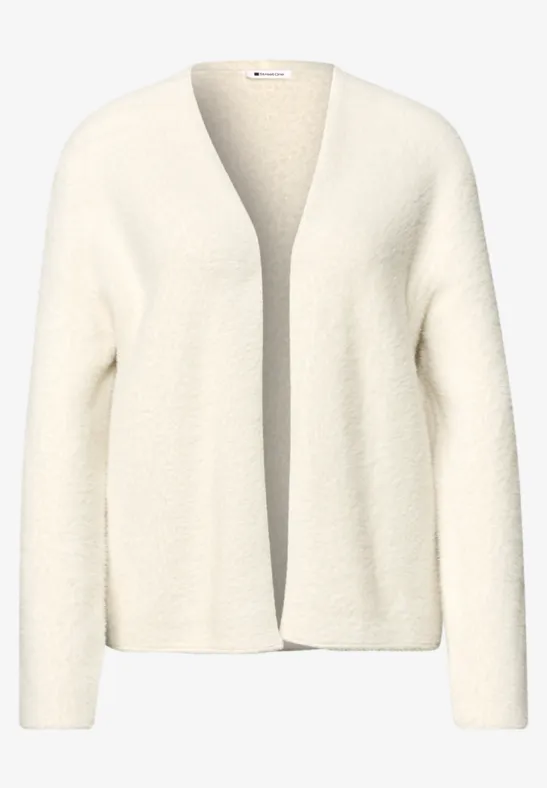 Weicher, cremeweißer Damen-Cardigan mit V-Ausschnitt und offenem Schnitt.