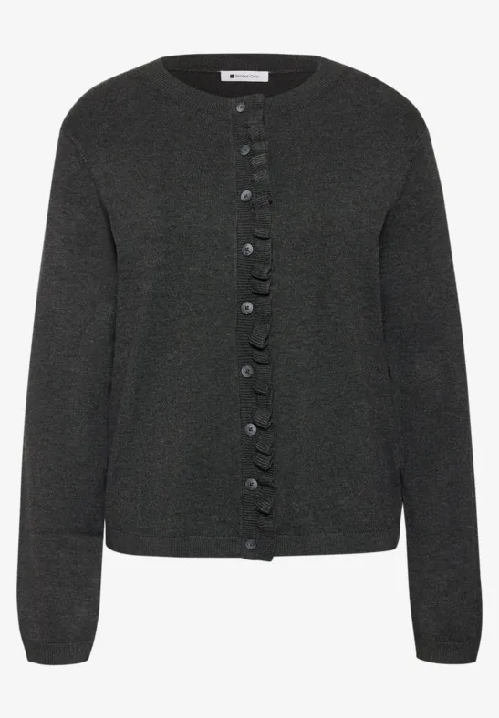 Dunkelgrauer Strickcardigan mit Rüschenkante an der Knopfleiste