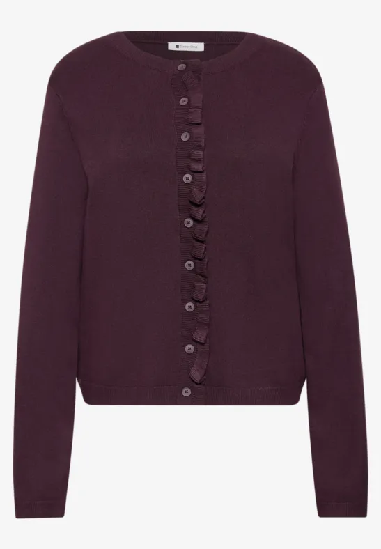Pflaumefarbener Cardigan mit Rüschen und Knopfleiste