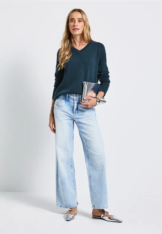 Pull à col en V tide blue