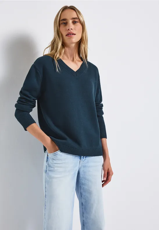 Pull à col en V tide blue