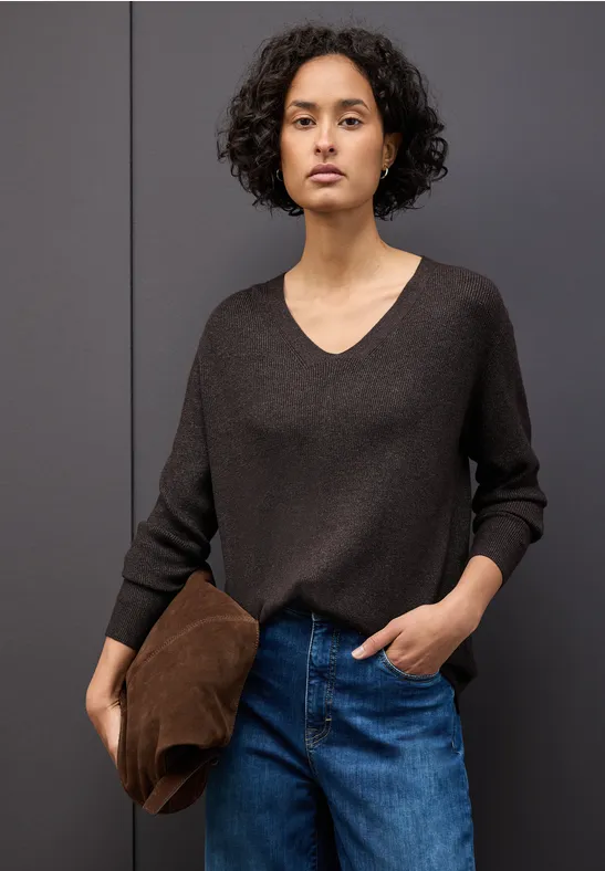 Basic V-Neck Pullover deep roast brown mel.