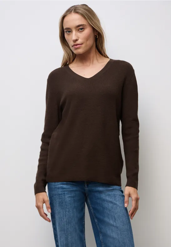 Basic V-Neck Pullover dark hazelnut brown mel.