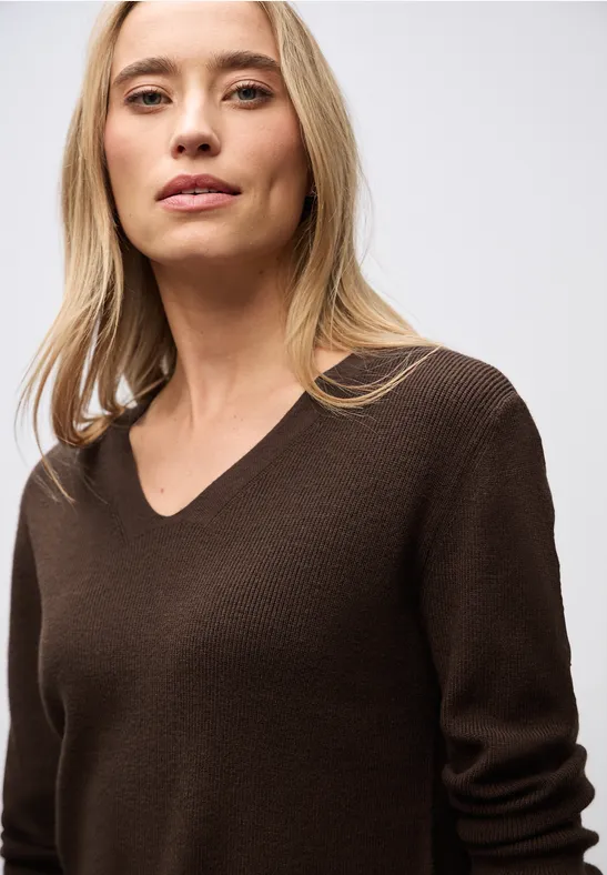 Basic V-Neck Pullover dark hazelnut brown mel.