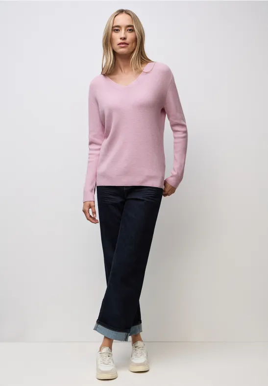 Basis trui met V-hals powder pink mel.
