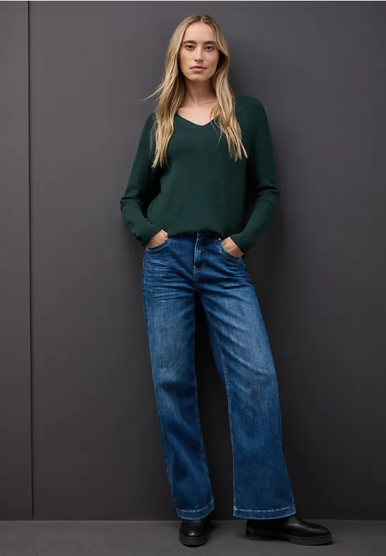 Basic trui met V-hals deep teal green