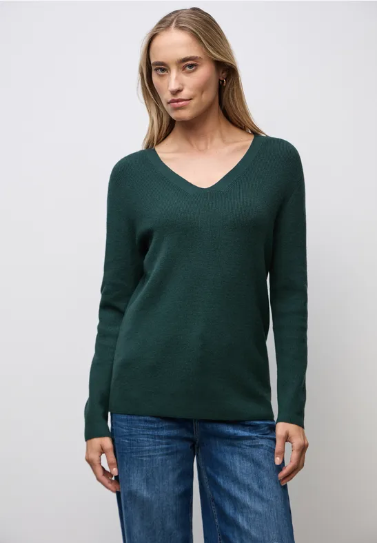 Basic trui met V-hals deep teal green