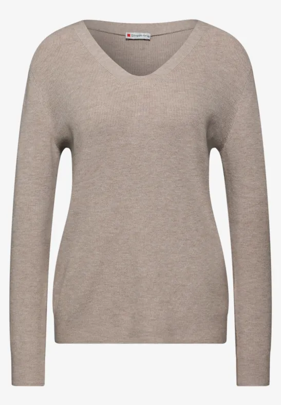 Pull basique à col en V sandstone mocha mel.