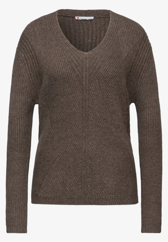 V-Neck Strukturpullover nomad brown mel.