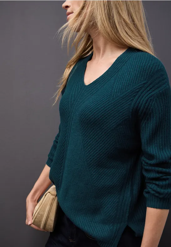 V-Neck Strukturpullover tide blue