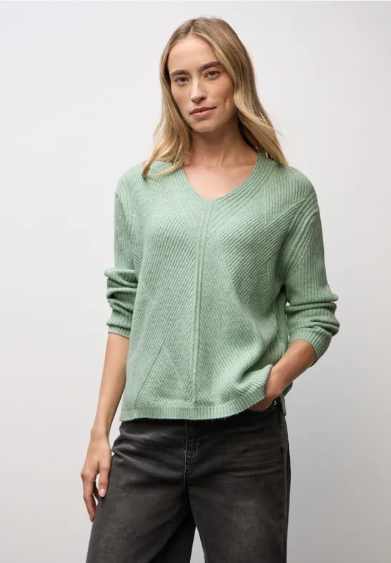 V-Neck Strukturpullover serene green mel.