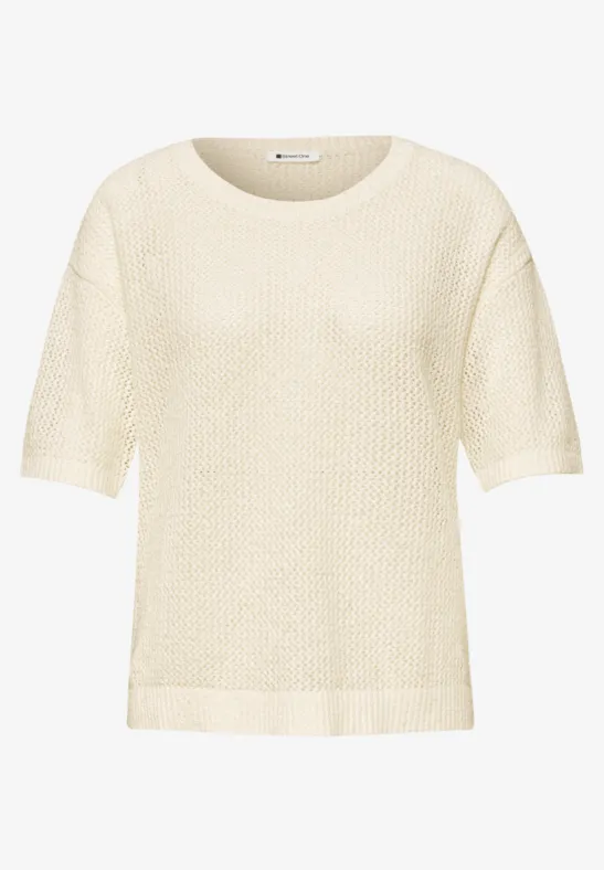 Beige gebreide top met korte mouwen
