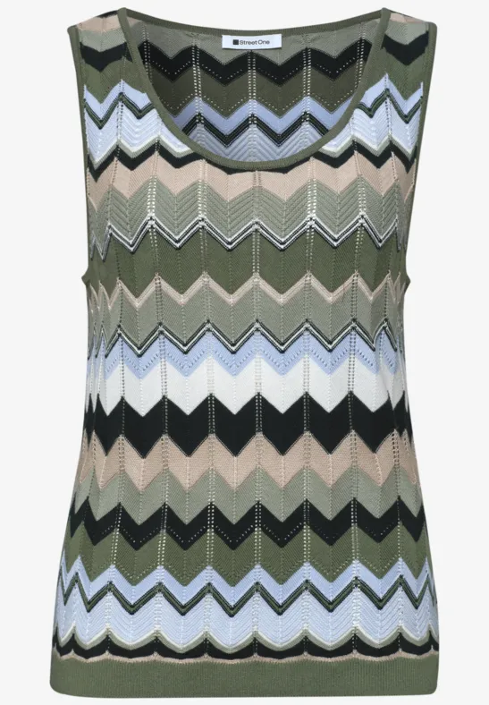 Ärmelloses Strick-Top mit buntem Zickzackmuster in Grün, Blau, Beige, Schwarz und Weiß.