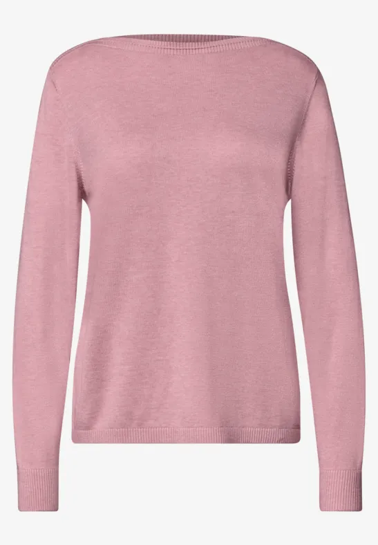 Rosa Pullover mit langem Ärmel und rundem Ausschnitt, schlichtes Design.