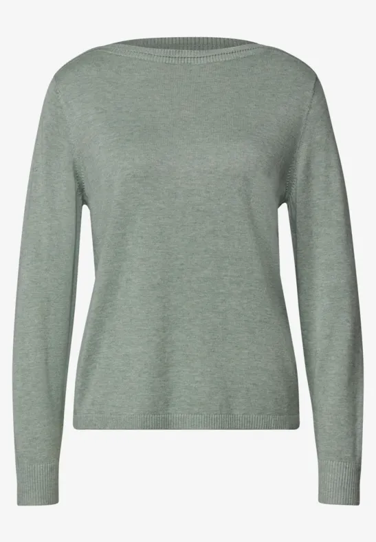 Ein schlichter, hellgrüner Damenpullover mit Rundhalsausschnitt und langen Ärmeln.