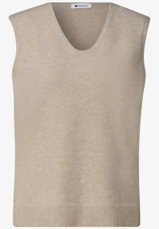 Beiger, ärmelloser V-Ausschnitt Strickpullover in klassischem Schnitt