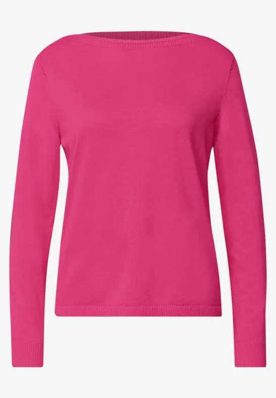 Schlichter rosa Pullover mit langen Ärmeln und rundem Halsausschnitt.