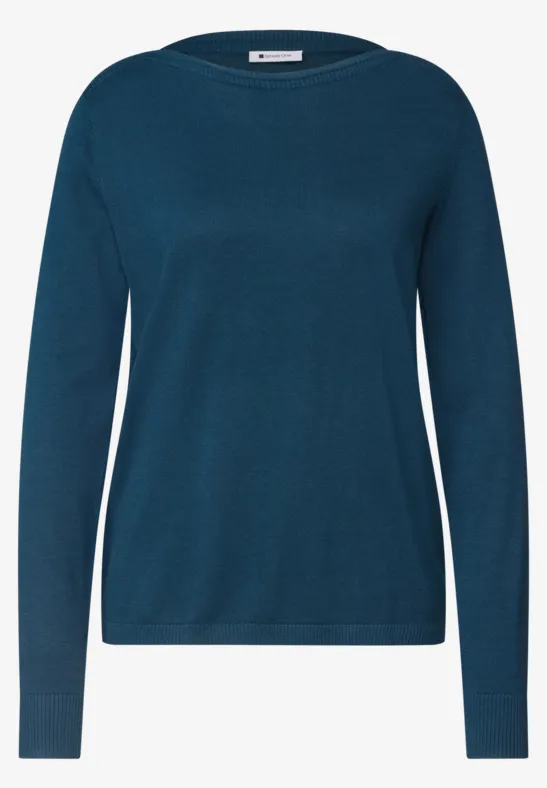 Dunkelblauer, langärmliger Damenpullover mit Rundhalsausschnitt und schmalem Schnitt.