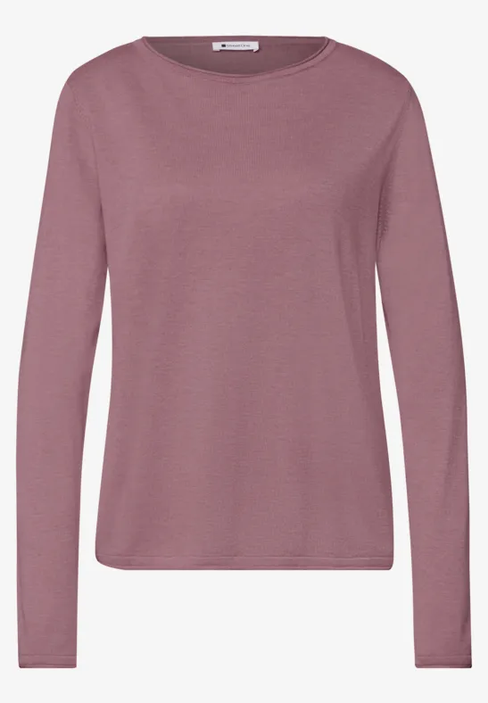 Rosa Langarmshirt mit Rundhalsausschnitt, schlichter, leicht taillierter Schnitt.