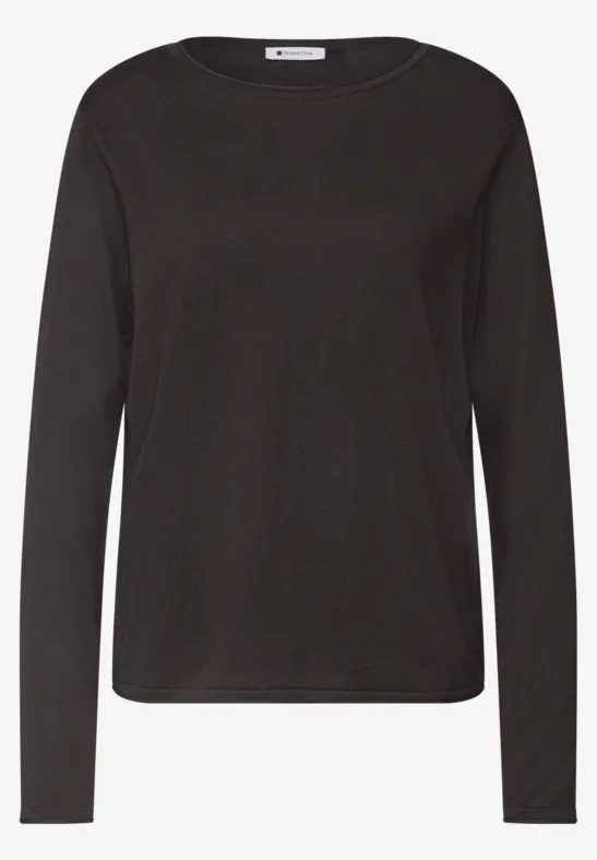 Schwarzes, schlichtes Langarmshirt mit Rundhalsausschnitt