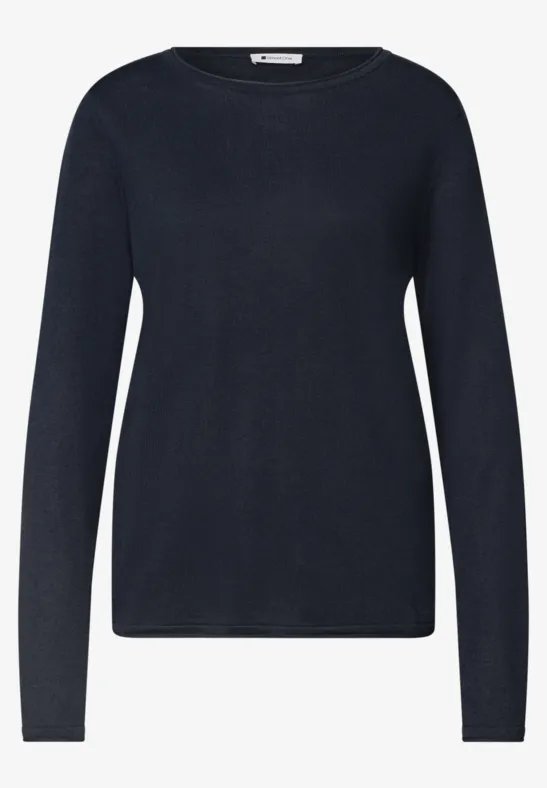 Schlichter navyblauer Pullover mit Rundhalsausschnitt und langen Ärmeln.