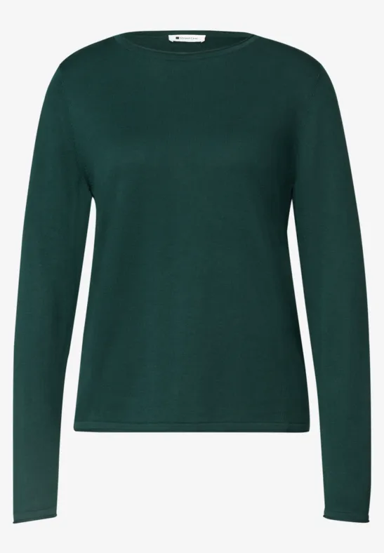Dunkelgrüner Langarmpullover mit Rundhalsausschnitt, schlichtes Design.