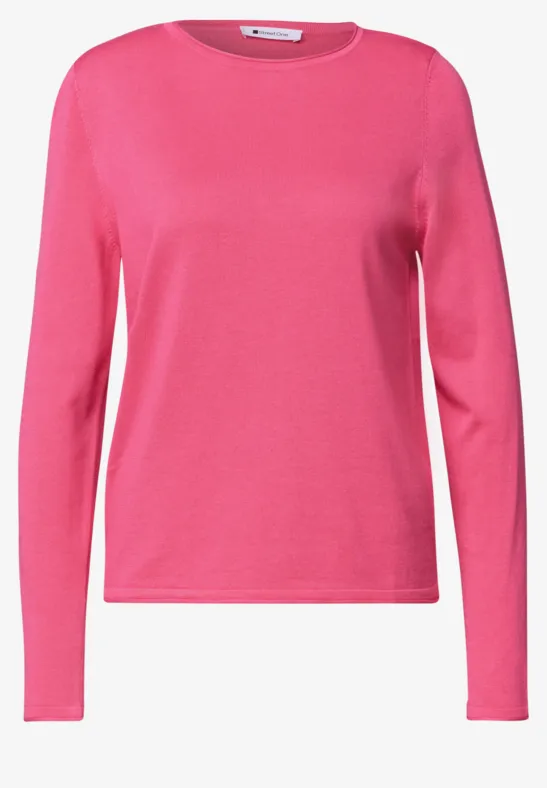 Rosa Damenpullover mit Rundhalsausschnitt und langen Ärmeln, schlicht und zeitlos.