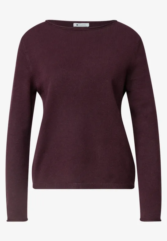 Dunkellila, langärmliger Pullover mit Rundhalsausschnitt.