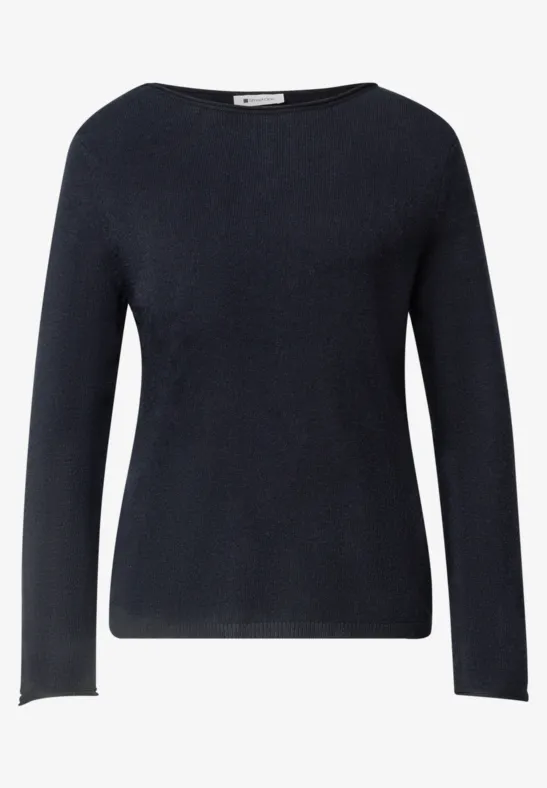 Dunkelblauer, schlichter Pullover mit Rundhalsausschnitt und langen Ärmeln.