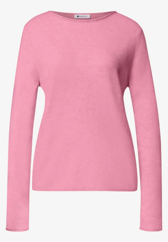 Een eenvoudig roze damestrui met lange mouwen.