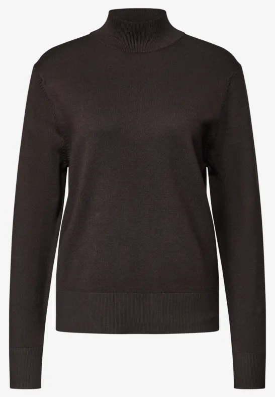 Pull à col montant noir à manches longues et design épuré.