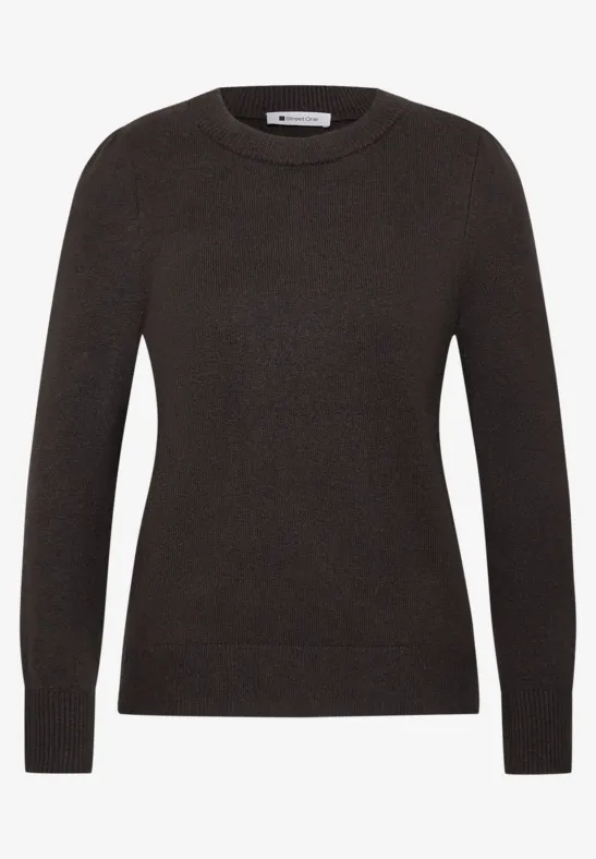 Schwarzer langer Damenpullover mit Rundhalsausschnitt und Rippbündchen.