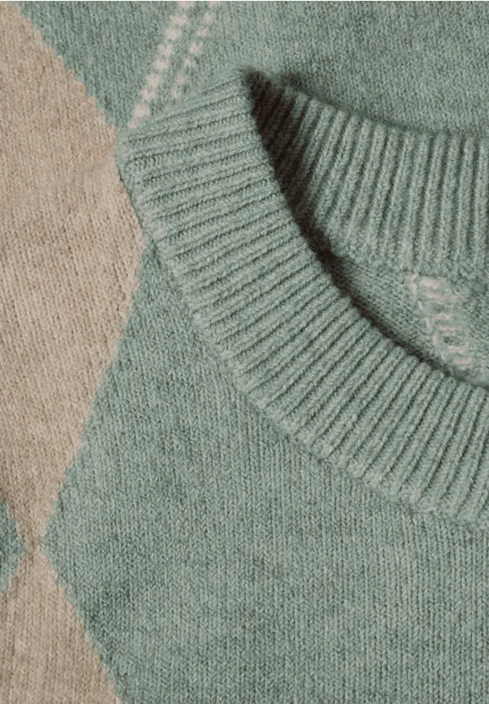 Gebreide trui met ronde hals en argyle-patroon in beige en muntgroen.