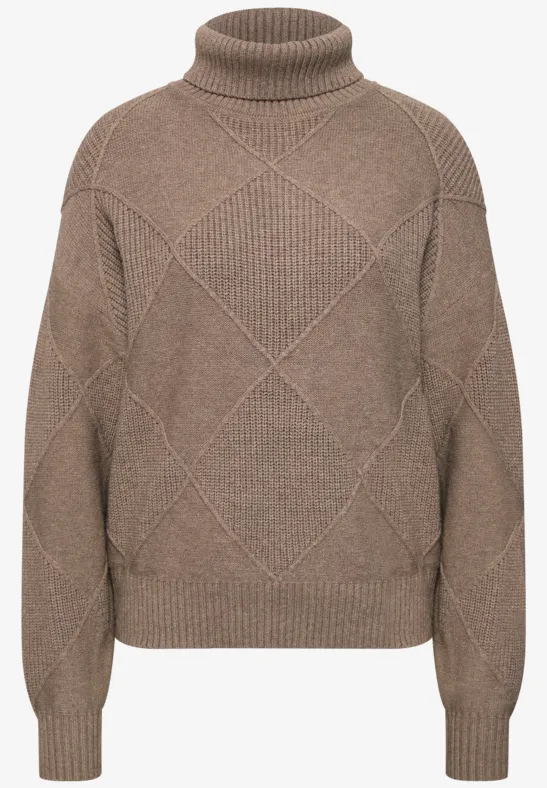 Taupefarbener gerippter Rollkragenpullover mit Rautenmuster und langen Ärmeln