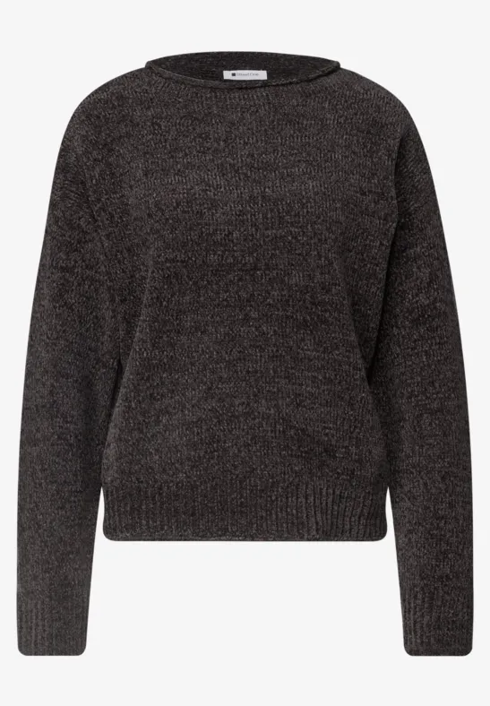 Grau-schwarzer Pullover mit Glitzereffekt, Rundhalsausschnitt und langen Ärmeln.