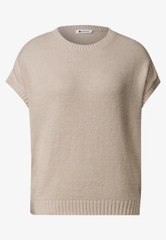 Ärmelloses, beiges Stricktop mit Rundhalsausschnitt und geripptem Bund.