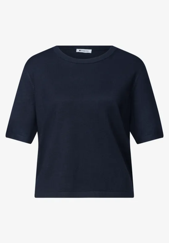 Dunkelblaues, kurzärmeliges T-Shirt mit Rundhalsausschnitt und leicht kastiger Form.
