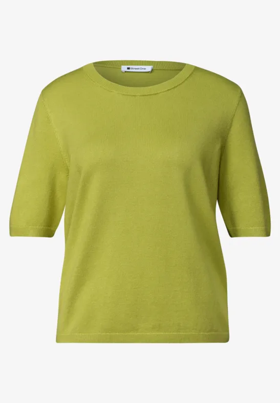 Hellgrünes, kurzärmeliges T-Shirt mit Rundhalsausschnitt.