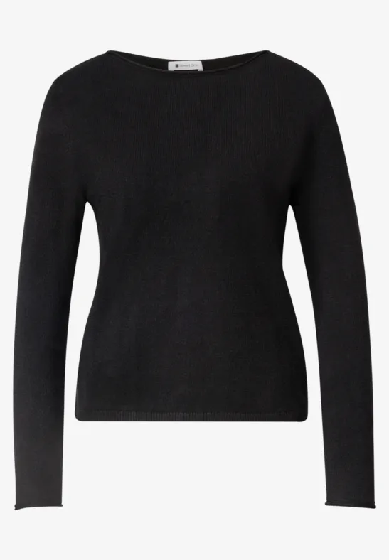 Schlichter, langärmliger schwarzer Damenpullover mit rundem Ausschnitt.