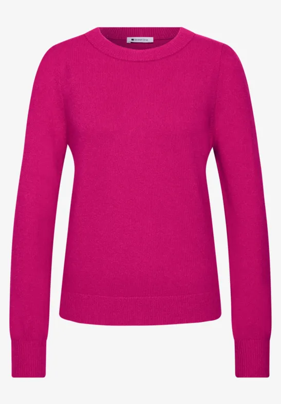 Pull rose fuchsia uni pour femme, col rond et manches longues.