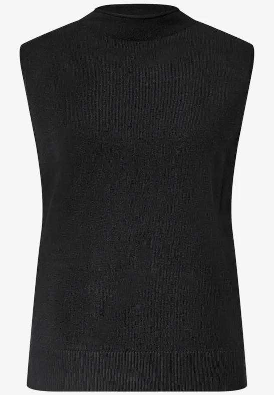 Schwarzer, ärmelloser Feinstrick-Pullover mit Rundhalsausschnitt.