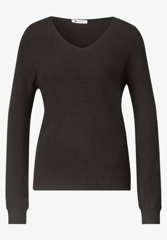 Dunkelgrauer, langärmliger V-Ausschnitt-Pullover.
