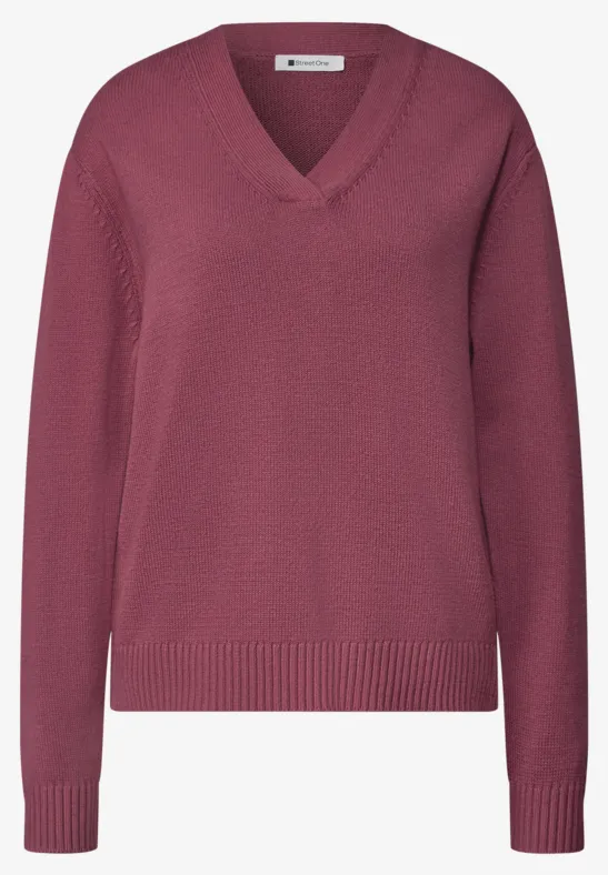 Rosa V-Ausschnitt Pullover mit Feinstrick, langärmlig und lässigem Schnitt.