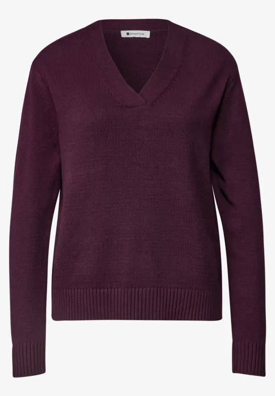 Dunkelroter V-Ausschnitt-Pullover aus feinem Strick mit langen Ärmeln.